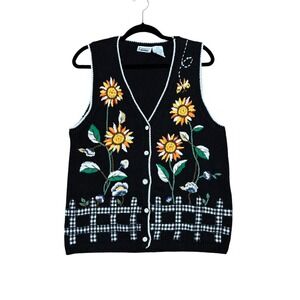 Capacity Vintage Black Knit Sunflower Bee Embroidered Sweater Vest Large